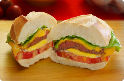 Lanche de X-Burguer feito com hamburguer, batata frita, tomate